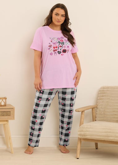 Yours Curve Pink Gingham Bow Wide Leg Pyjama Set