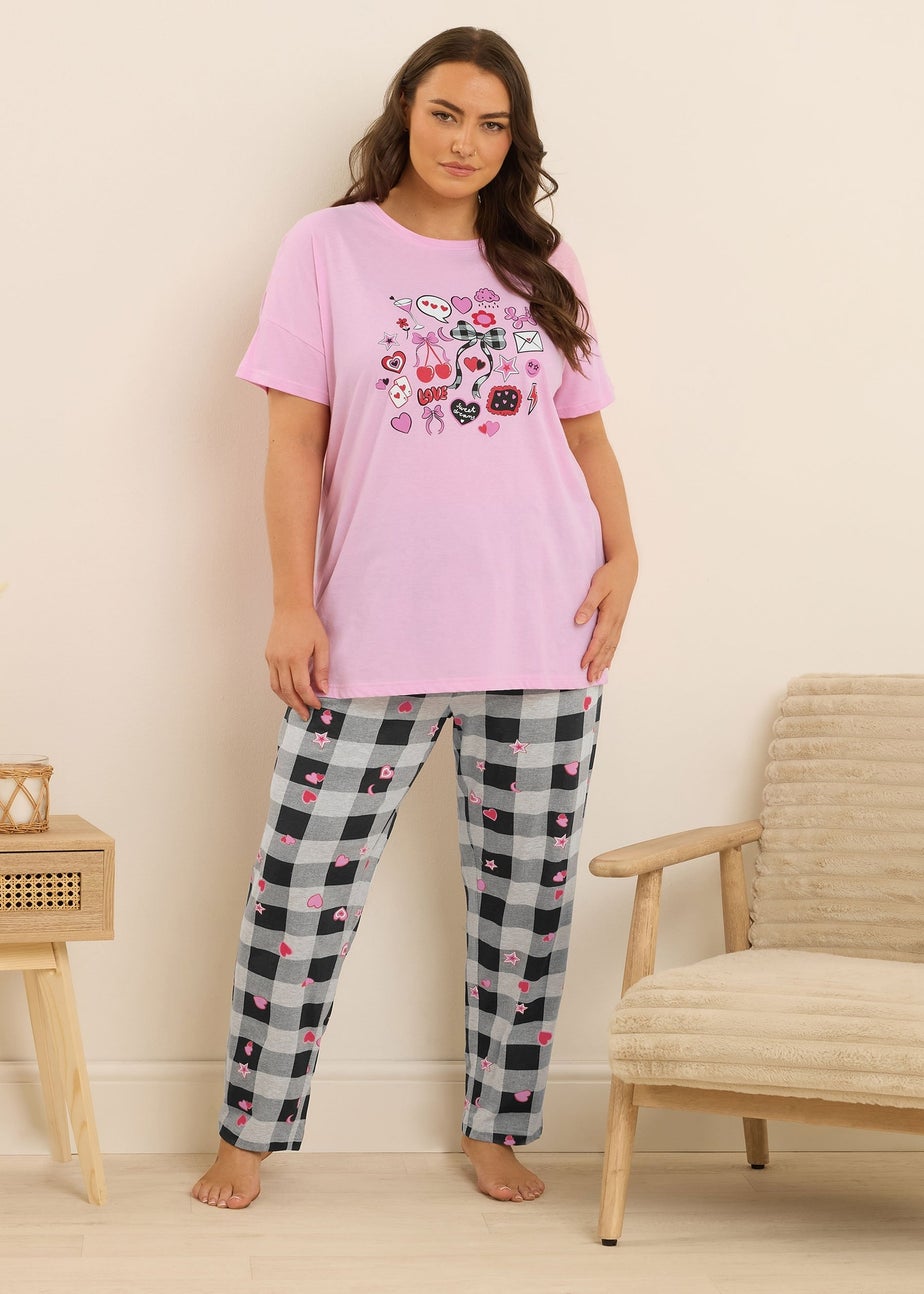 Yours Curve Pink Gingham Bow Wide Leg Pyjama Set