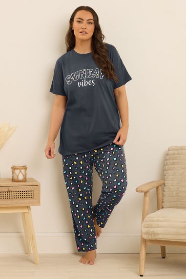 Yours Curve Blue 'Sunday Vibes' Slogan Print Wide Leg Pyjama Set