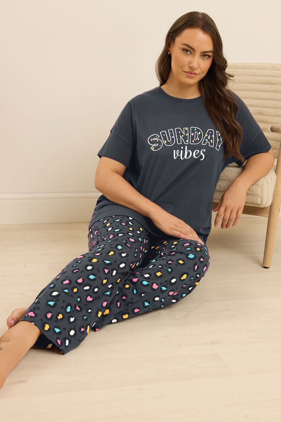 Yours Curve Blue 'Sunday Vibes' Slogan Print Wide Leg Pyjama Set