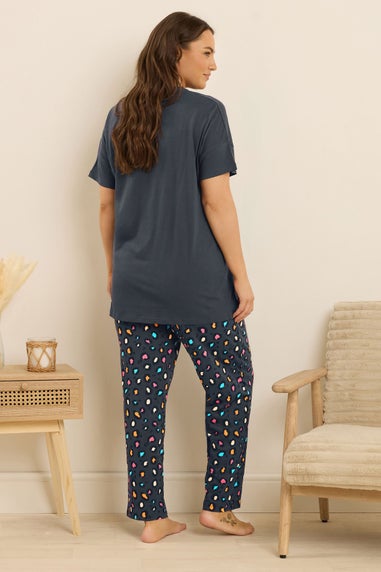 Yours Curve Blue 'Sunday Vibes' Slogan Print Wide Leg Pyjama Set