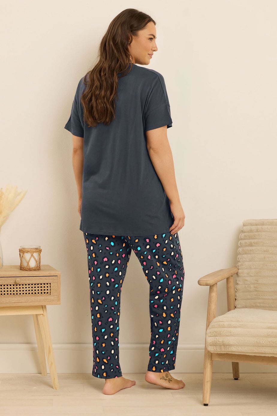 Yours Curve Blue 'Sunday Vibes' Slogan Print Wide Leg Pyjama Set