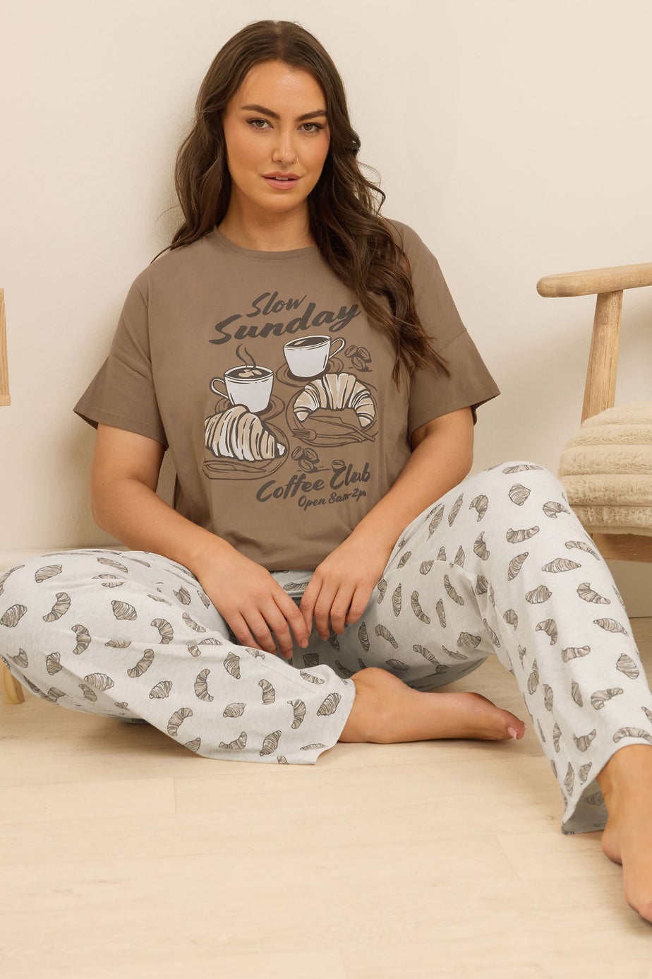 Yours Curve Brown 'Coffee Club' Wide Leg Pyjama Set
