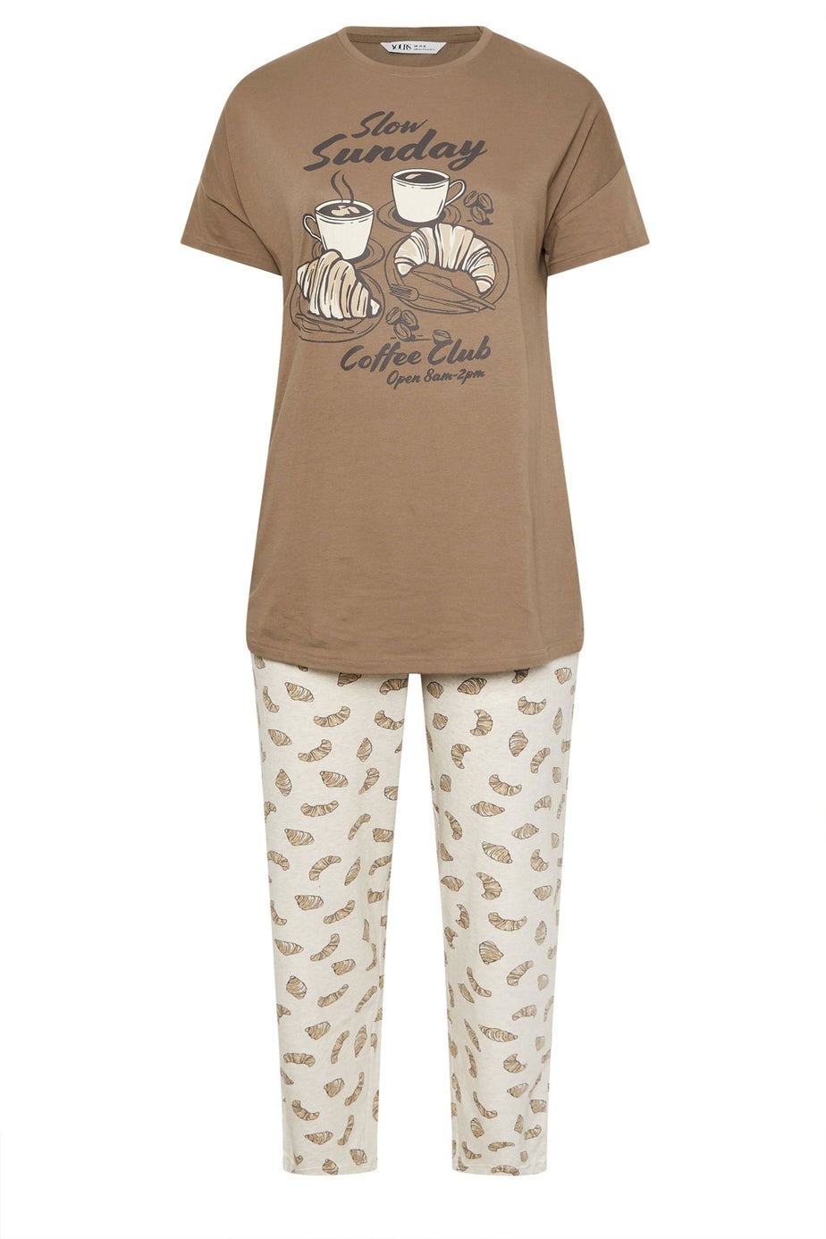 Yours Curve Brown 'Coffee Club' Wide Leg Pyjama Set
