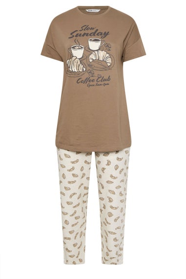 Yours Curve Brown 'Coffee Club' Wide Leg Pyjama Set