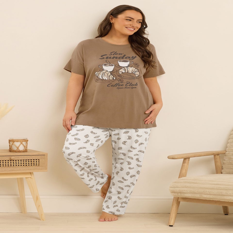 Yours Curve Brown 'Coffee Club' Wide Leg Pyjama Set