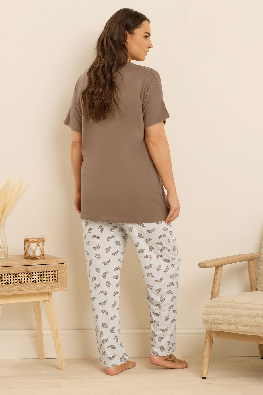 Yours Curve Brown 'Coffee Club' Wide Leg Pyjama Set