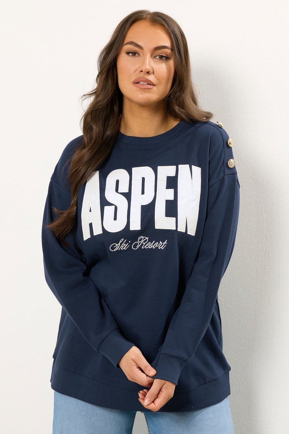 Yours Curve Navy Blue 'Aspen' Slogan Sweatshirt