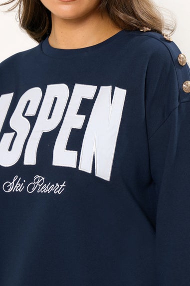 Yours Curve Navy Blue 'Aspen' Slogan Sweatshirt