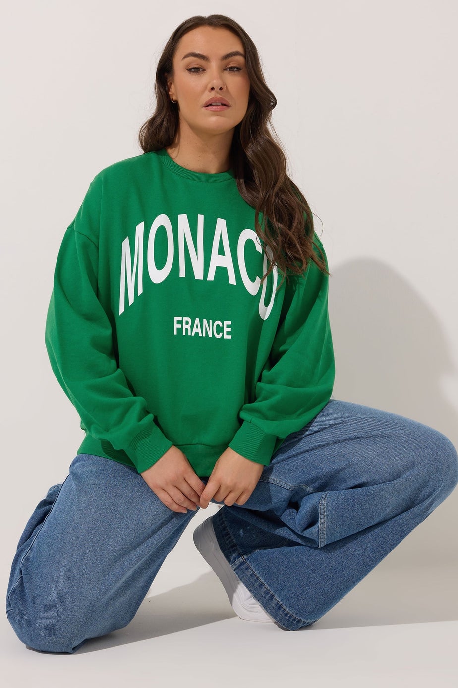 Yours Curve Green 'Monaco' Slogan Sweatshirt