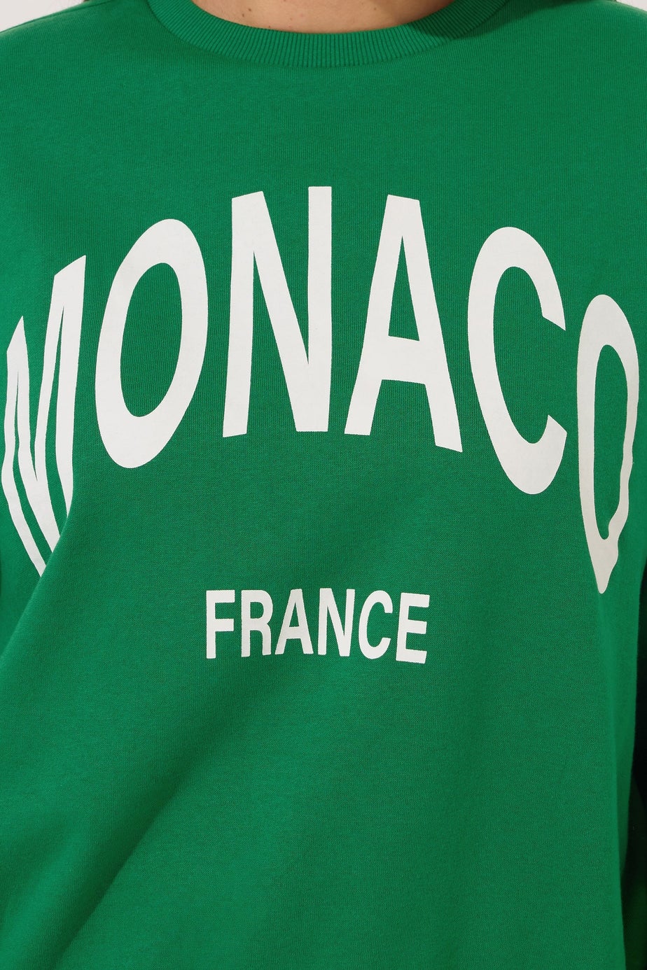 Yours Curve Green 'Monaco' Slogan Sweatshirt