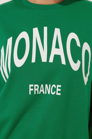 Yours Curve Green 'Monaco' Slogan Sweatshirt