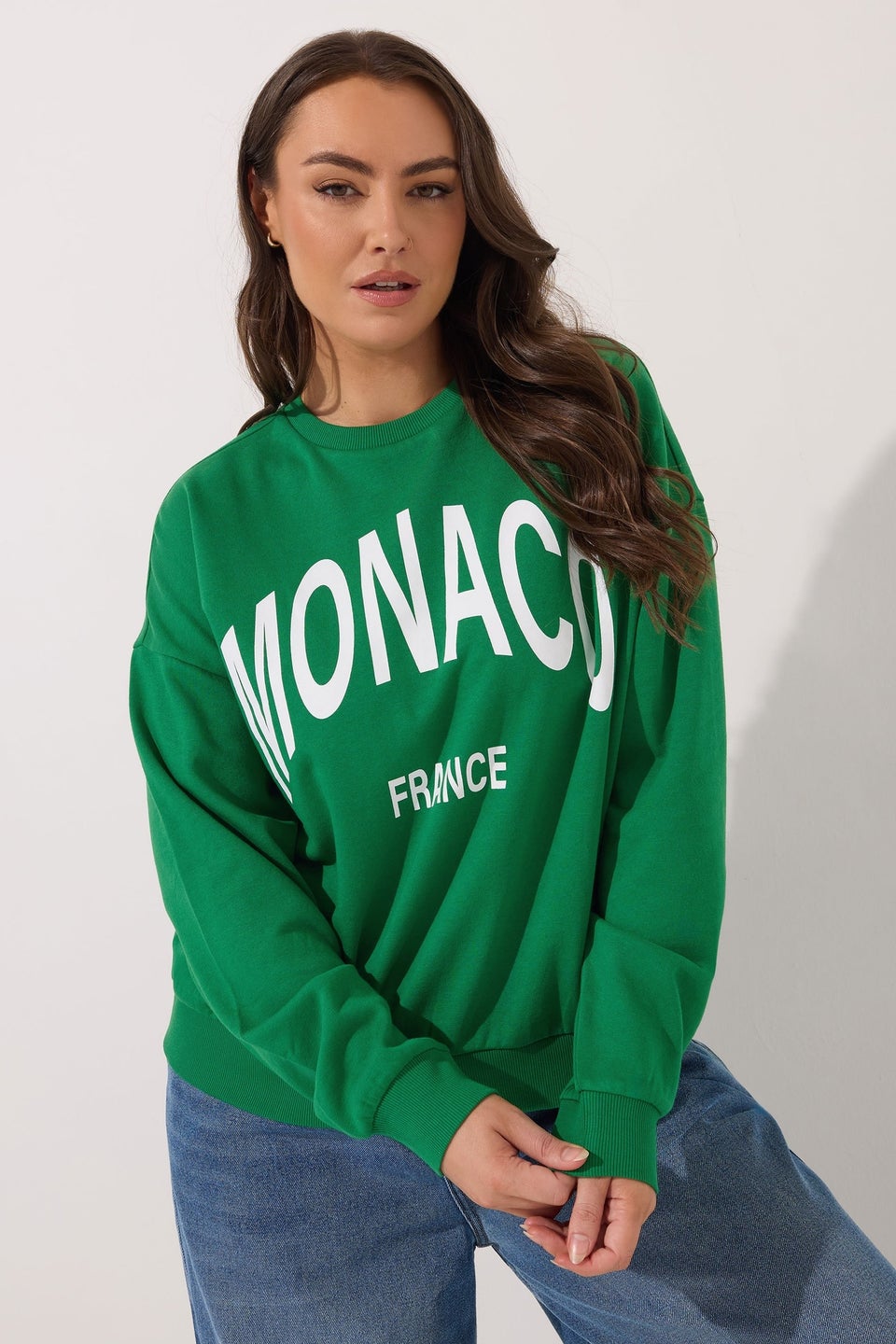 Yours Curve Green 'Monaco' Slogan Sweatshirt