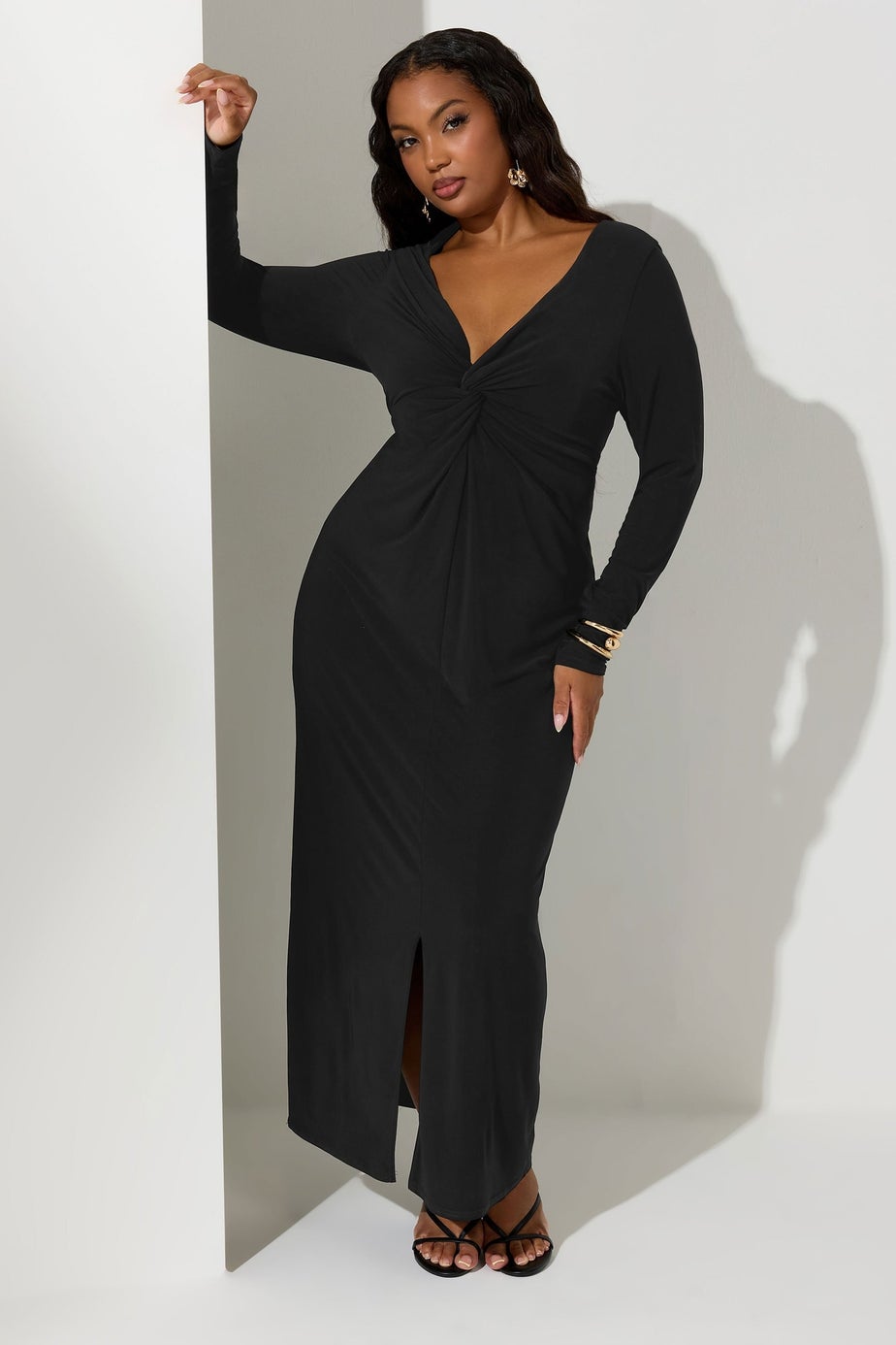 Yours London Curve Black Knot Front Maxi Dress