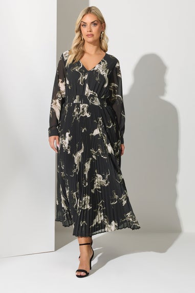 Yours London Curve Black Abstract Pleat V-Neck Maxi Dress