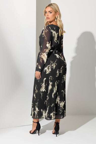 Yours London Curve Black Abstract Pleat V-Neck Maxi Dress