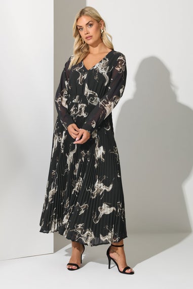 Yours London Curve Black Abstract Pleat V-Neck Maxi Dress