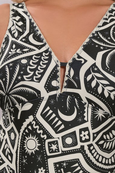 Yours Curve Black Postcard Blanket Stitch Plunge Swimsuit