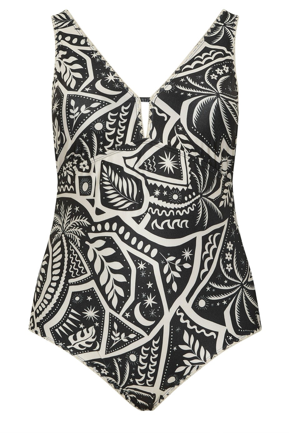 Yours Curve Black Postcard Blanket Stitch Plunge Swimsuit