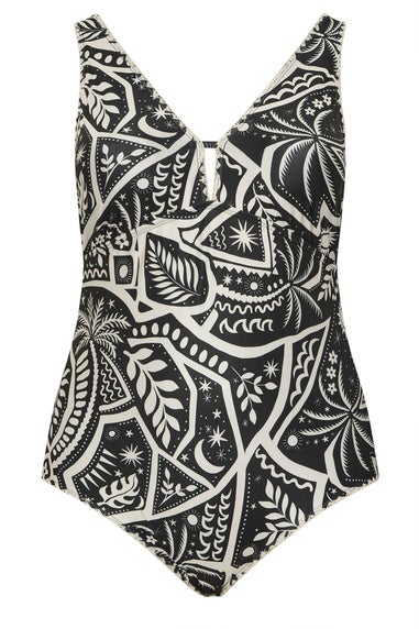 Yours Curve Black Postcard Blanket Stitch Plunge Swimsuit