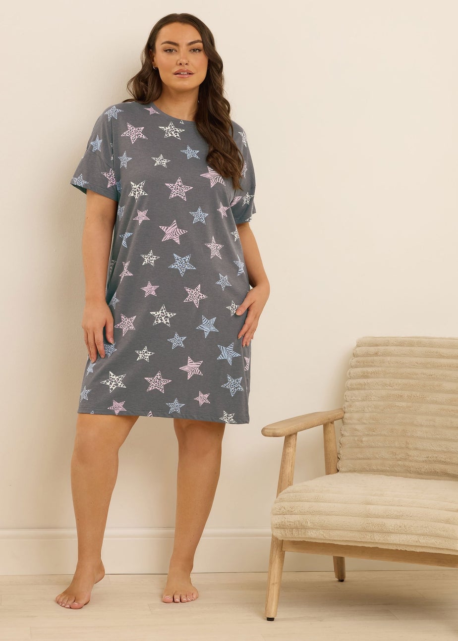 Yours Curve Grey Animal Star Print Sleep Tee Nightdress