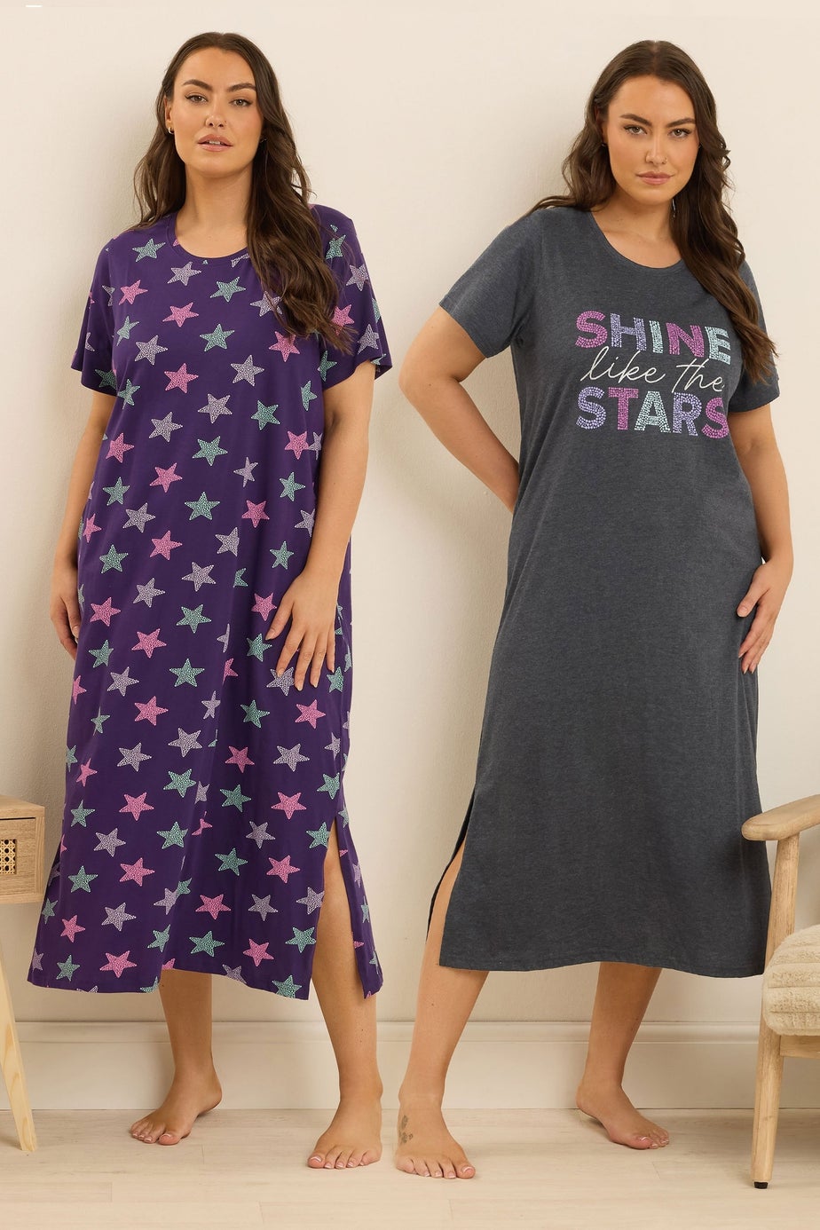 Yours Curve 2 Pack Grey 'Shine Like The Stars' Midaxi Nightdresses