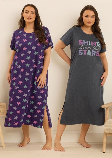 Yours Curve 2 Pack Grey 'Shine Like The Stars' Midaxi Nightdresses