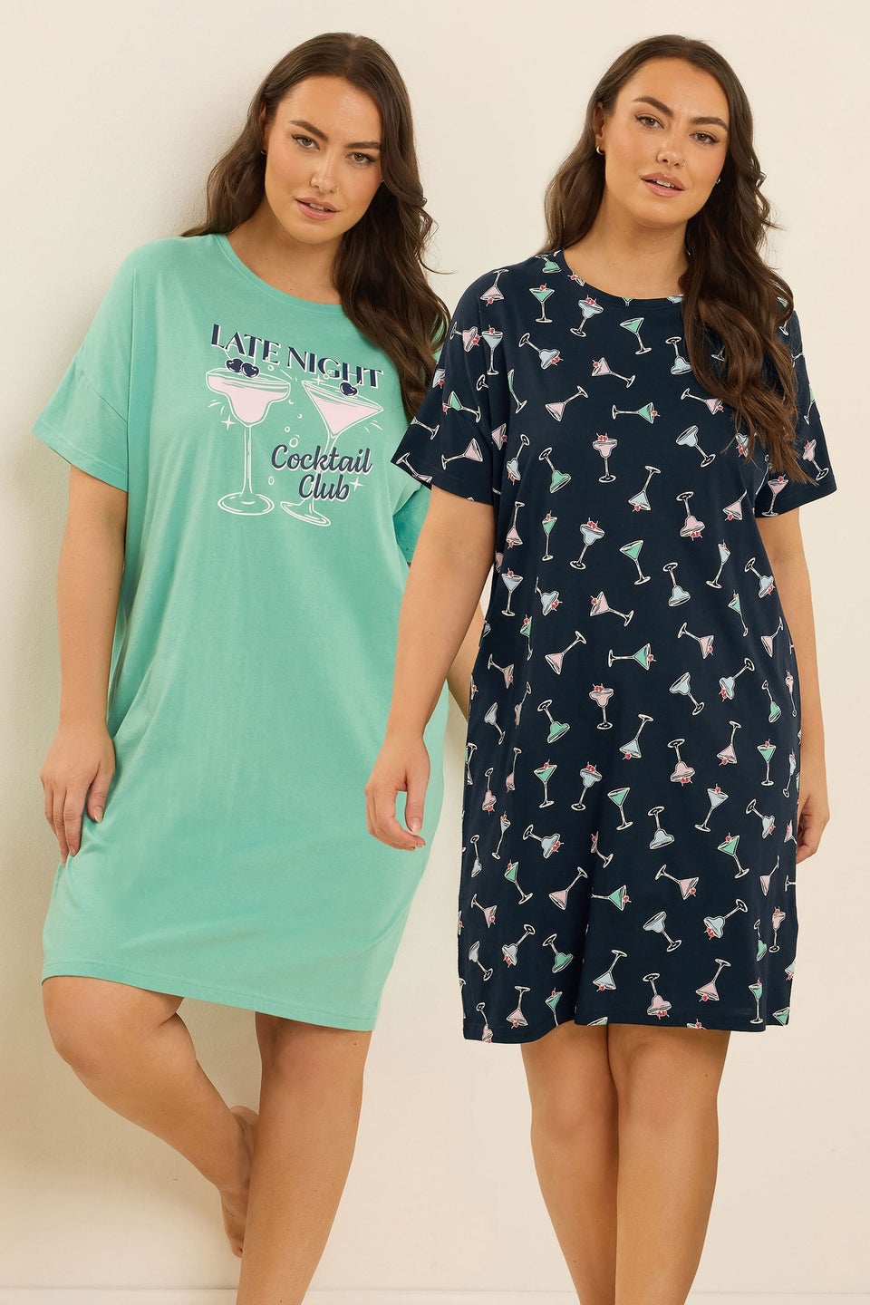 Yours 2 Pack Curve Green Cocktail Print Sleep Tee Nightdresses