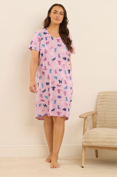 Yours 2 Pack Curve Pink & Blue Cat Print Nightdresses