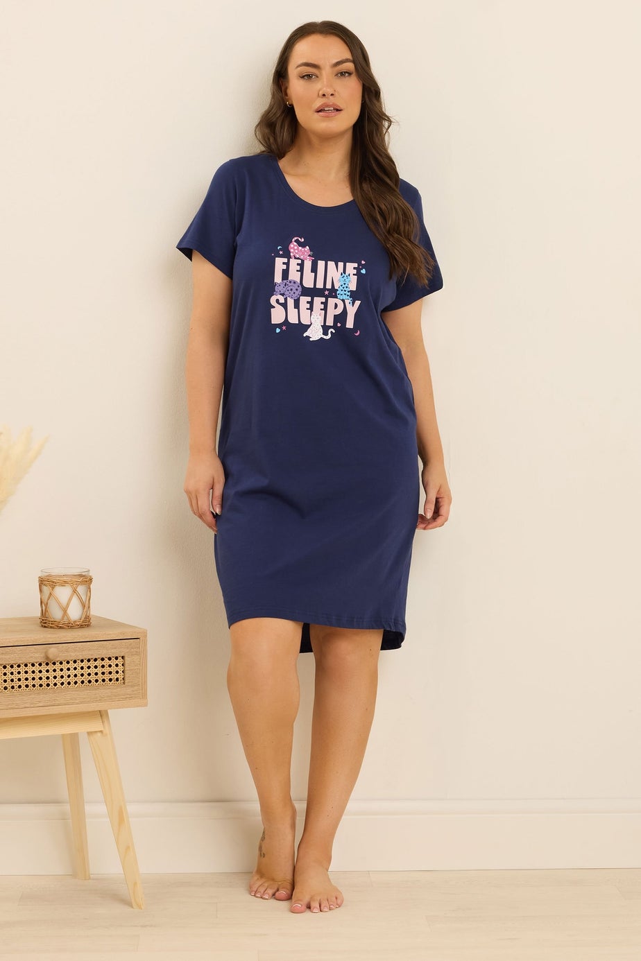 Yours 2 Pack Curve Pink & Blue Cat Print Nightdresses