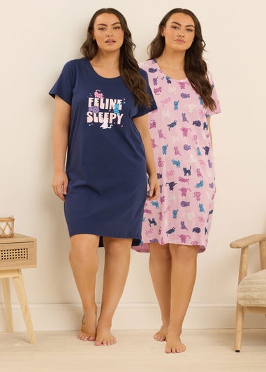Yours 2 Pack Curve Pink & Blue Cat Print Nightdresses