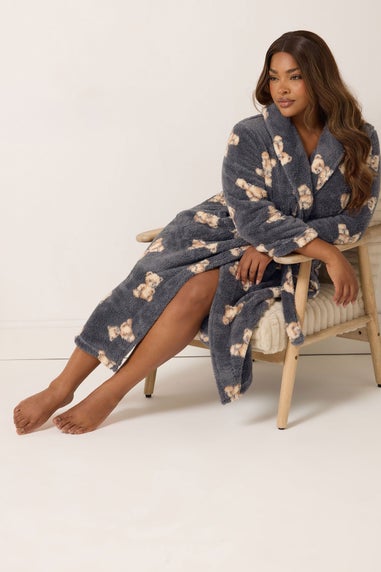 Yours Curve Grey Teddy Shawl Collar Dressing Gown