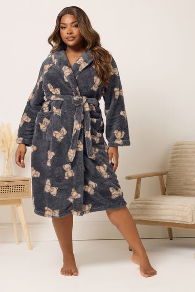 Yours Curve Grey Teddy Shawl Collar Dressing Gown