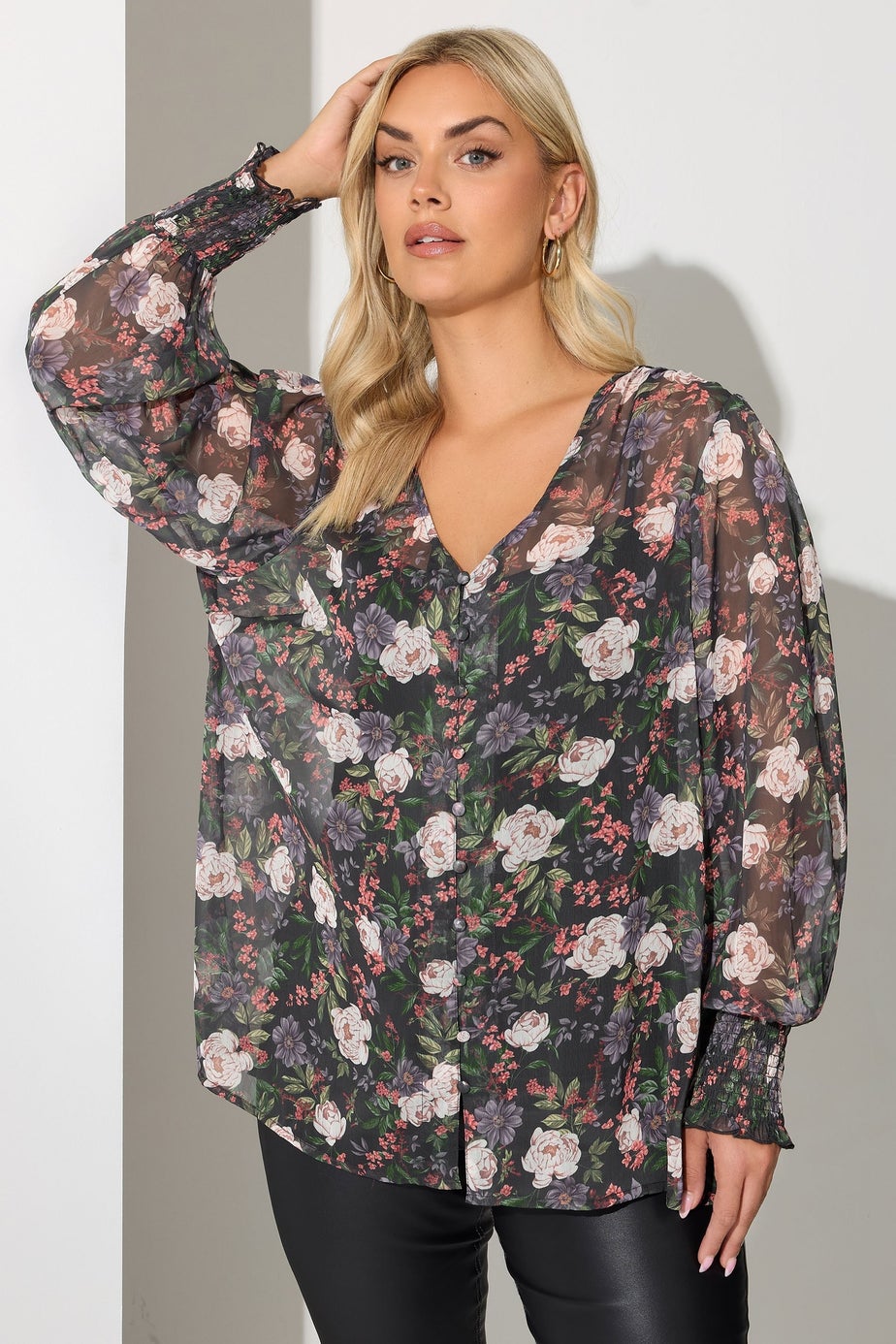 Yours London Curve Black Floral Shirred Cuff Blouse