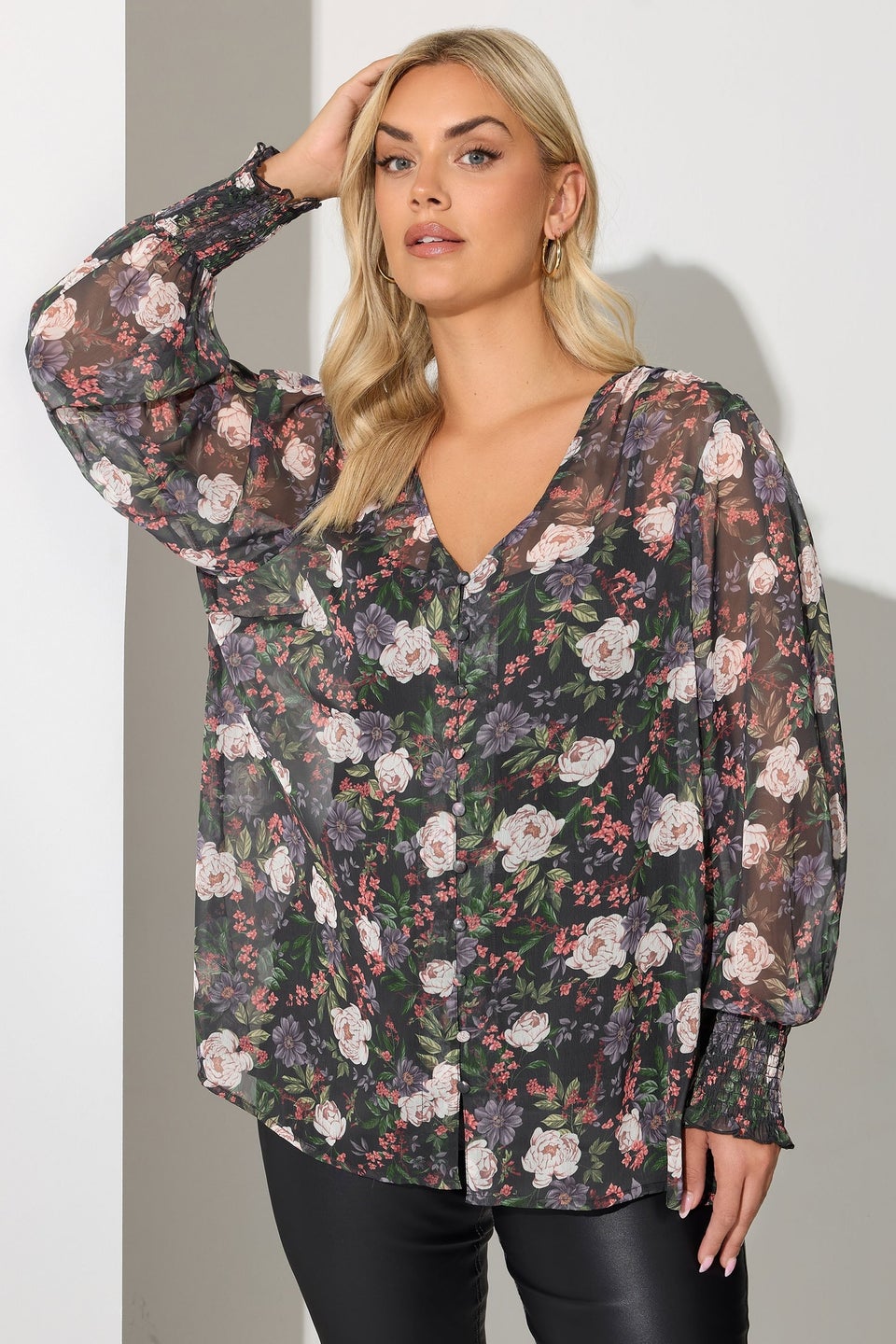 Yours London Curve Black Floral Shirred Cuff Blouse
