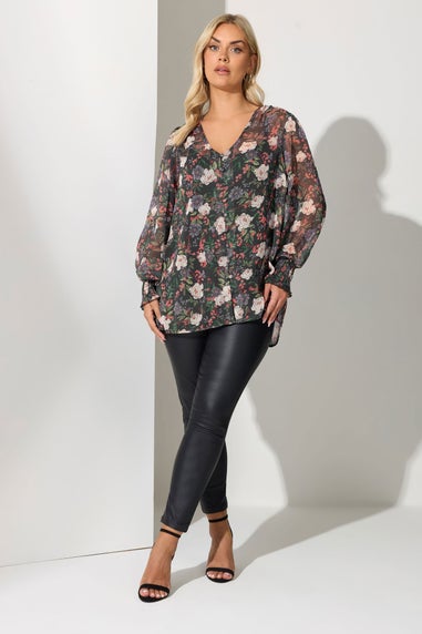 Yours London Curve Black Floral Shirred Cuff Blouse