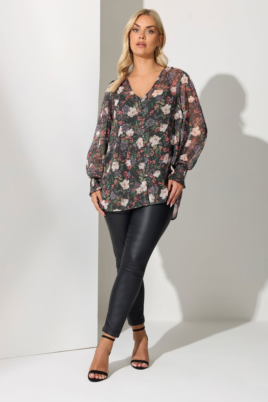 Yours London Curve Black Floral Shirred Cuff Blouse