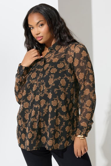 Yours London Curve Black & Gold Floral Chiffon Shirt