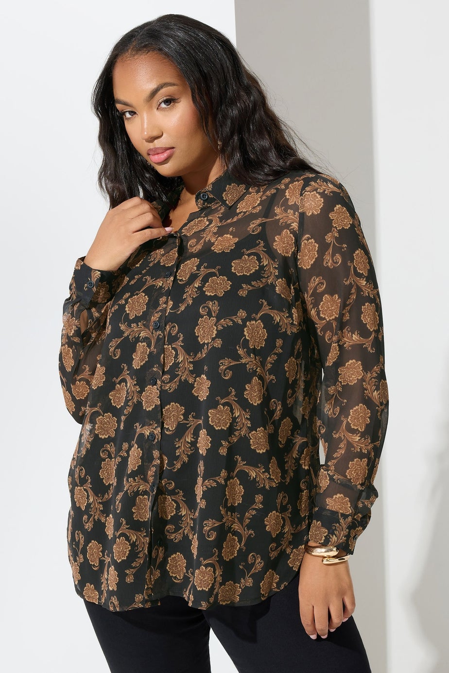 Yours London Curve Black & Gold Floral Chiffon Shirt