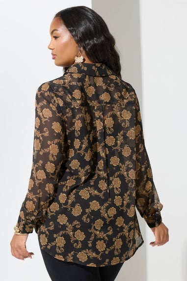 Yours London Curve Black & Gold Floral Chiffon Shirt