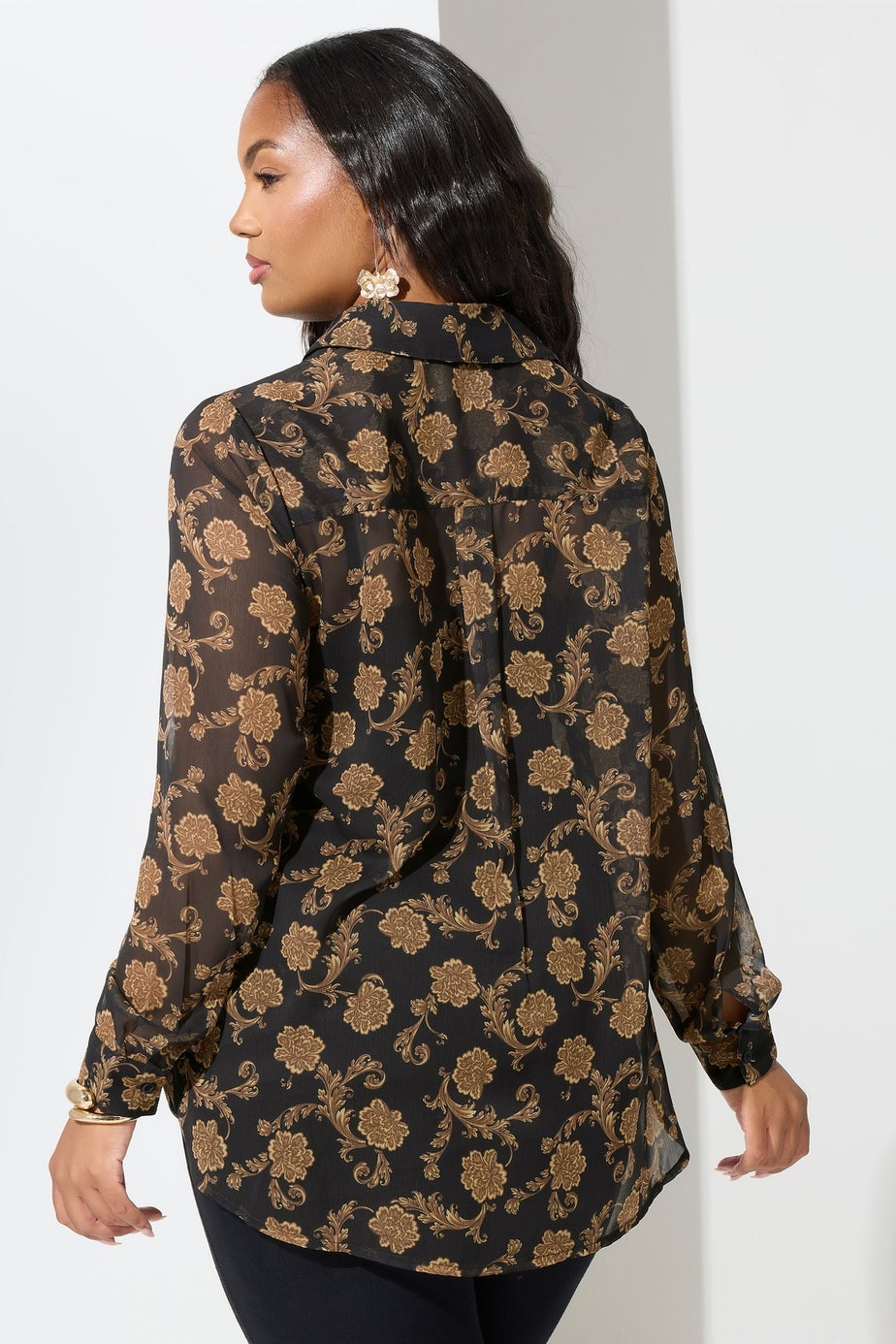 Yours London Curve Black & Gold Floral Chiffon Shirt