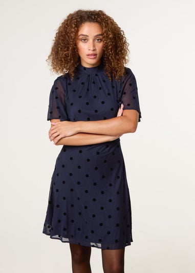 Blue Vanilla Navy Polka Dot Tie Back Dress