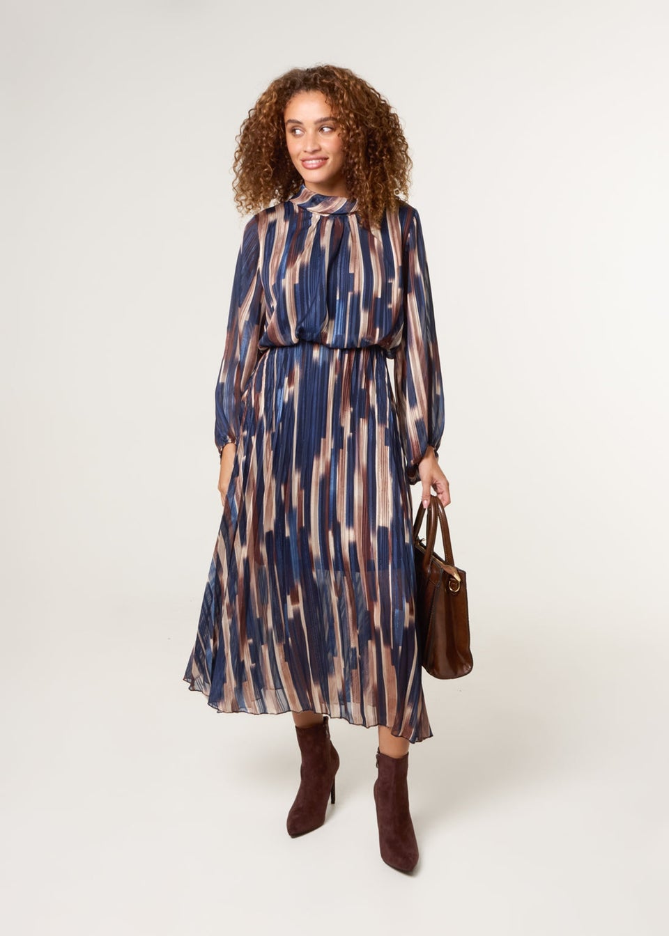 Blue Vanilla Navy High Neck Printed Dress With Elasticated Waist