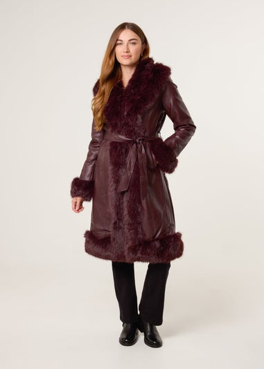 Blue Vanilla Red Faux Fur Trim Midi Coat