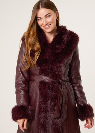 Blue Vanilla Red Faux Fur Trim Midi Coat