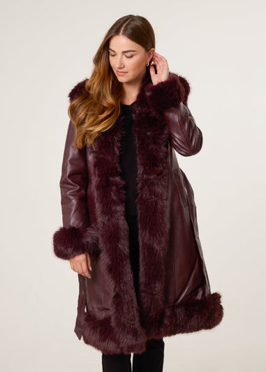 Blue Vanilla Red Faux Fur Trim Midi Coat