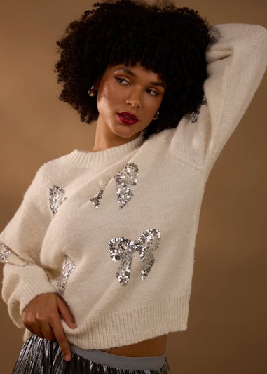 Blue Vanilla Ivory Sequin Bow Jumper