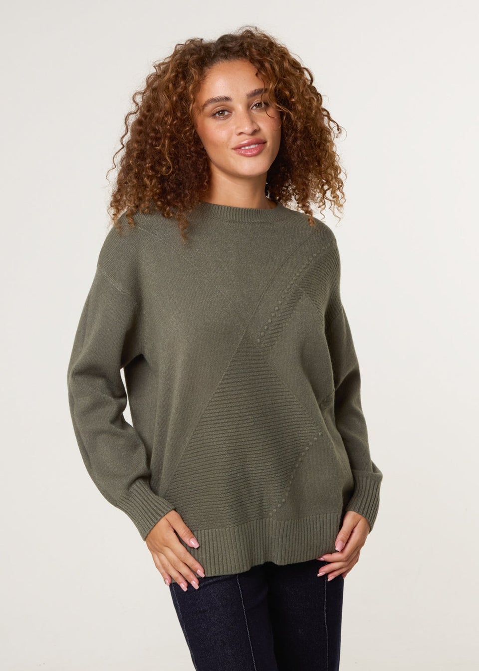 Blue Vanilla Khaki Argyle Stitch Detail Jumper