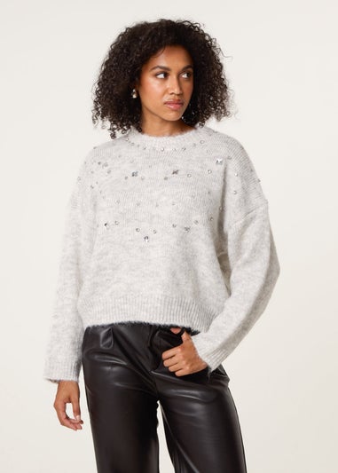 Blue Vanilla Grey Diamante Round Neck Jumper