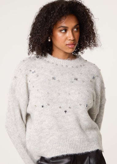 Blue Vanilla Grey Diamante Round Neck Jumper